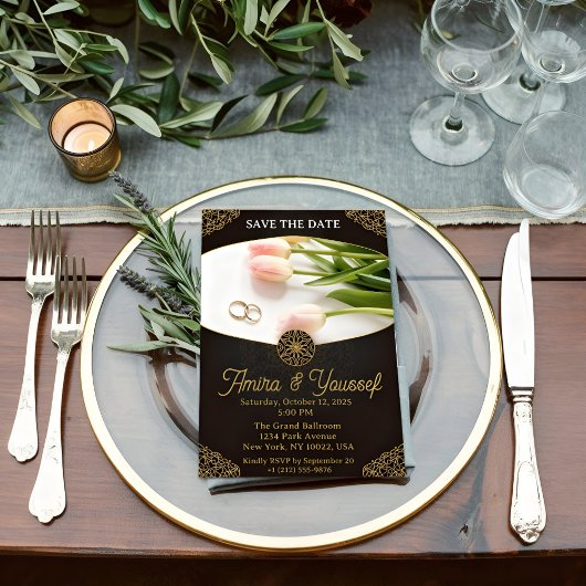 エレガント金ゴールドフローラ結婚式招待状テンプレート 招待状