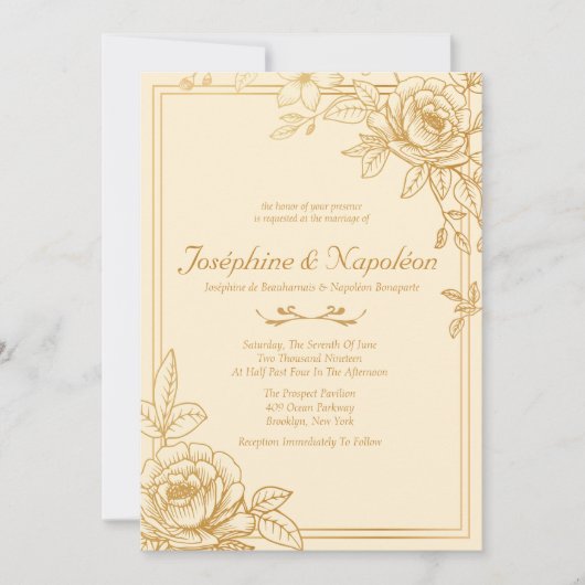 エレガント金ゴールドフローラ結婚式招待状 招待状 (正面)