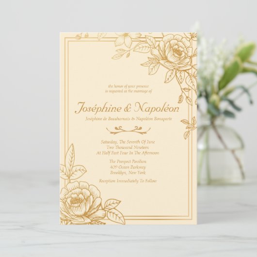 エレガント金ゴールドフローラ結婚式招待状 招待状 (スタンド正面)