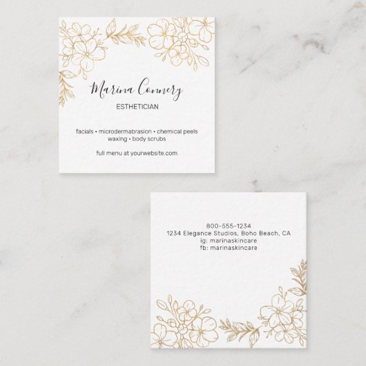 エレガント金ゴールドフローラ線スケッチエステティシャン スクエア名刺 (正面/裏面)