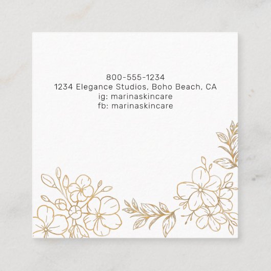 エレガント金ゴールドフローラ線スケッチエステティシャン スクエア名刺 (裏面)