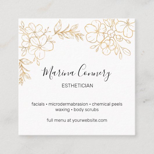 エレガント金ゴールドフローラ線スケッチエステティシャン スクエア名刺 (正面)