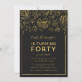エレガント金ゴールドフローラ40th誕生日パーティー 招待状 (正面)