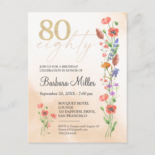 エレガント金ゴールドフローラ80誕生日- 80年 インビテーションポストカード (正面)