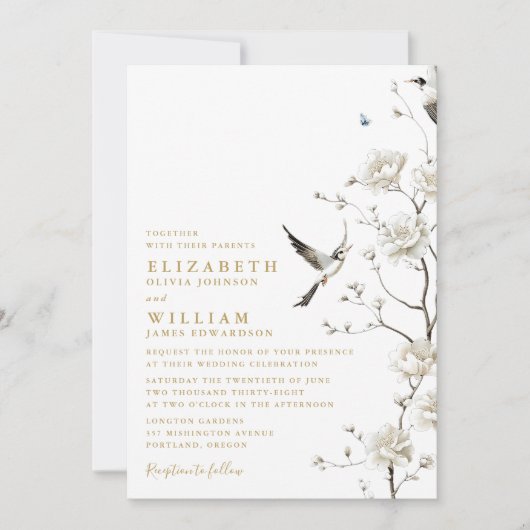 エレガント金ゴールドフローラQRコード結婚 招待状 (正面)