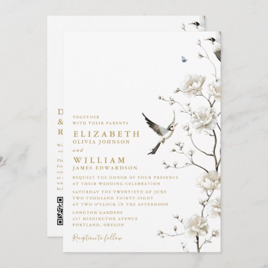 エレガント金ゴールドフローラQRコード結婚 招待状 (正面/裏面)