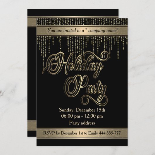 エレガント金ゴールドブラックの休日企業の会 招待状 (正面/裏面)