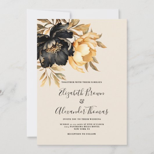 エレガント金ゴールドブラックアイボリーミントフローラ結婚ズ 招待状 (正面)