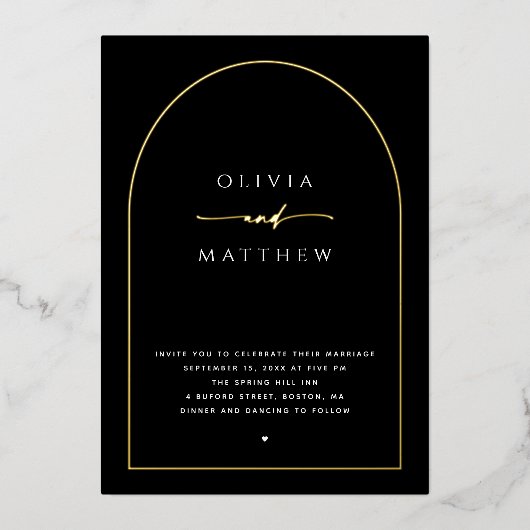 エレガント金ゴールドブラックアーチミニマ結婚リストのQRコード 箔招待状 (正面)