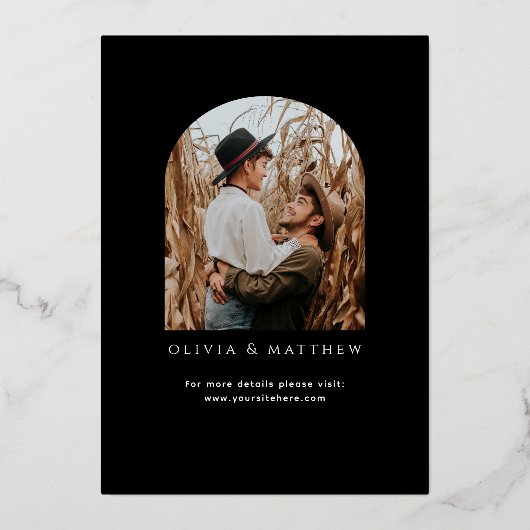 エレガント金ゴールドブラックアーチミニマ結婚リストのQRコード 箔招待状 (裏面)