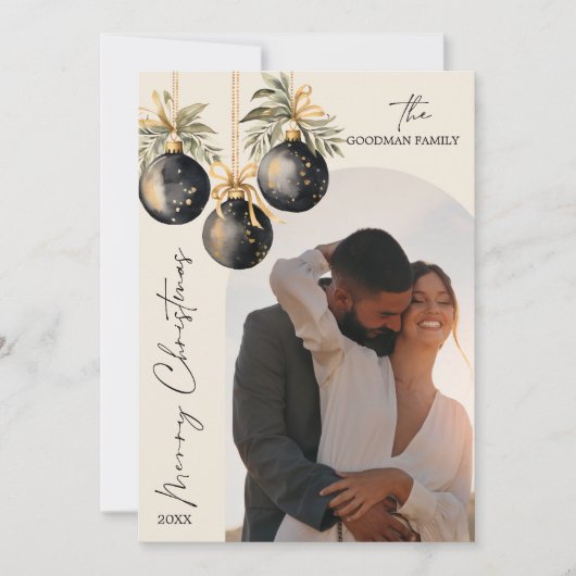 エレガント金ゴールドブラックオーナメントアーチフォトクリスマス シーズンカード (正面)