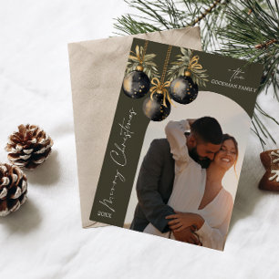 エレガント金ゴールドブラックオーナメントアーチフォトクリスマス シーズンカード