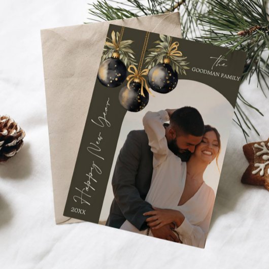 エレガント金ゴールドブラックオーナメントArch写真新年 シーズンカード