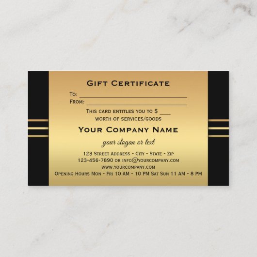 エレガント金ゴールドブラックギフト証明書テンプレート 割引カード (裏面)