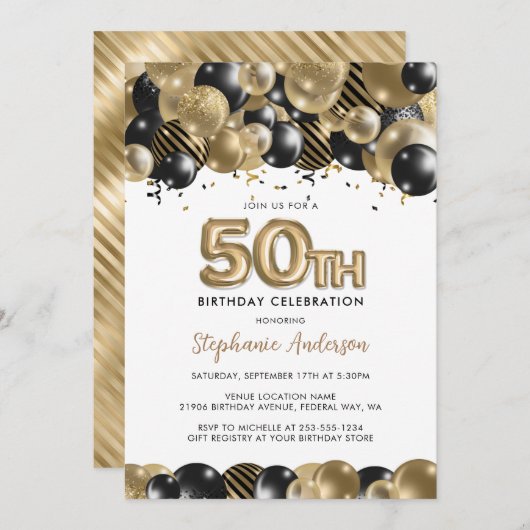 エレガント金ゴールドブラックグリッター50誕生日 招待状 (正面/裏面)