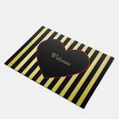 エレガント金ゴールドブラックストライプハートのパーソナライズ ドアマット (アングル)