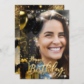 エレガント金ゴールドブラックハッピーバースデーお祝い シーズンカード (正面/裏面)