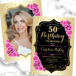 エレガント金ゴールドブラックピンク写真50誕生日 招待状<br><div class="desc">エレガントフローラ50歳の誕生日の招待状とカードの後ろの写真。グラムデザインフェイク金ゴールド。ピンクのバラ、スクリプトのフォント、紙吹雪が特徴。大人スタイリッシュのお祝いパーティーに最適。独自の詳細でパーソナライズどんなカスタマイズ年でもいい！印刷されたZazzle招待状または即時ダウンロードのデジタル印刷可能なテンプレート。</div>