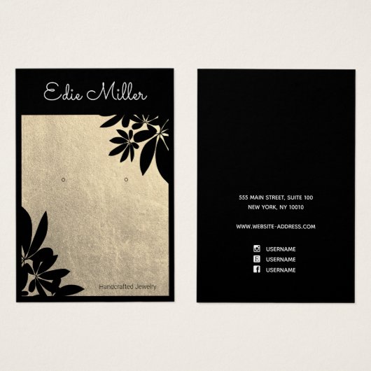 エレガント金ゴールドブラックフローラスクリプトフォントイヤリング (正面&裏面)