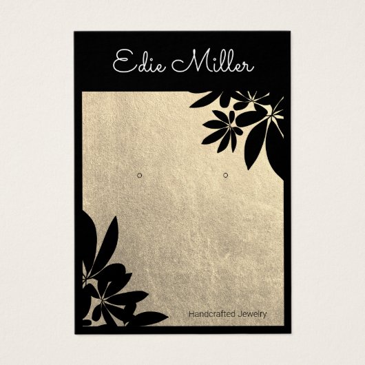 エレガント金ゴールドブラックフローラスクリプトフォントイヤリング (正面)
