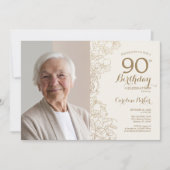 エレガント金ゴールドブラックフローラ写真90誕生日 招待状 (正面)