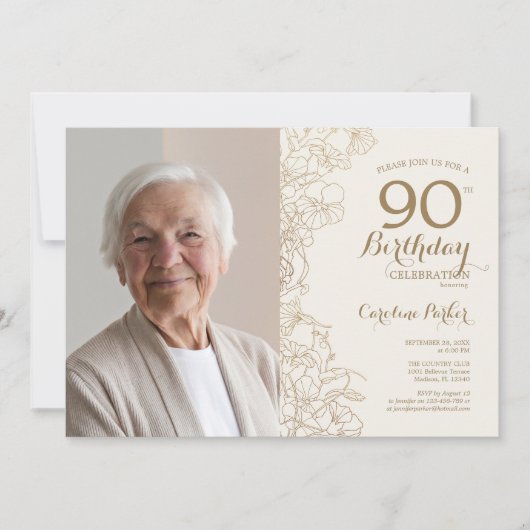 エレガント金ゴールドブラックフローラ写真90誕生日 招待状 (正面)