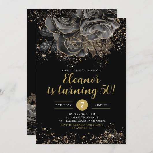 エレガント金ゴールドブラックフローラ女性Any Age誕生日 招待状 (正面/裏面)