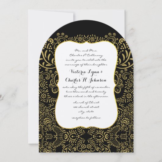 エレガント金ゴールドブラックメンディブライダルデザインパターン 招待状 (正面)