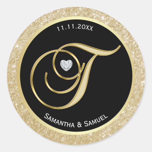 エレガント金ゴールドブラックモノグラム文字'T'結婚s ラウンドシール (正面)