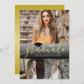 エレガント金ゴールドブラック卒業生3写真卒業 案内状 (正面/裏面)