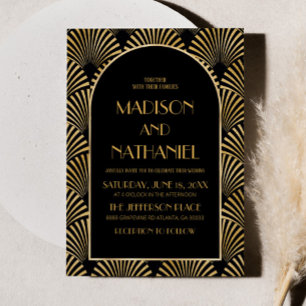 エレガント金ゴールドブラック幾何アールデコ結婚ズ 招待状