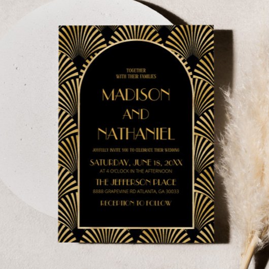 エレガント金ゴールドブラック幾何アールデコ結婚ズ 招待状