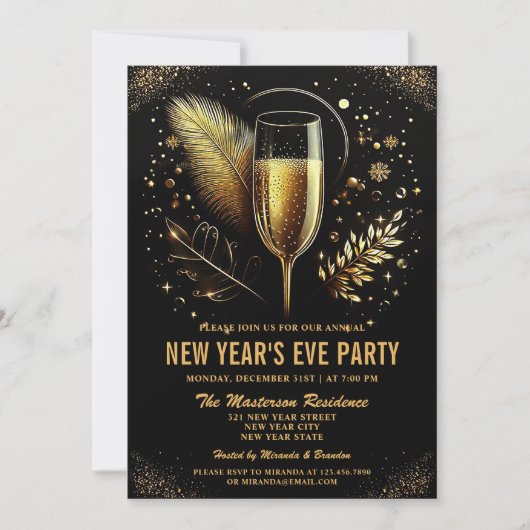エレガント金ゴールドブラック新年のイブパーティの招待状 シーズンカード (正面)