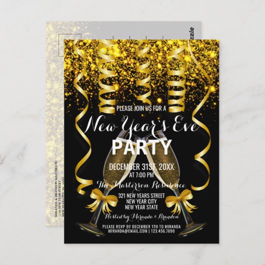 エレガント金ゴールドブラック新年のイブパーティの招待状 ポストカード (正面/裏面)