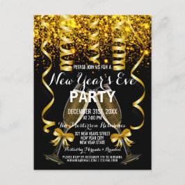 エレガント金ゴールドブラック新年のイブパーティの招待状 ポストカード
