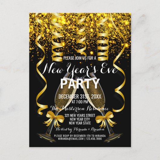 エレガント金ゴールドブラック新年のイブパーティの招待状 ポストカード (正面)