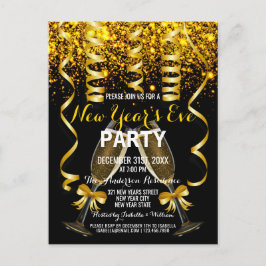 エレガント金ゴールドブラック新年のイブパーティの招待状 ポストカード