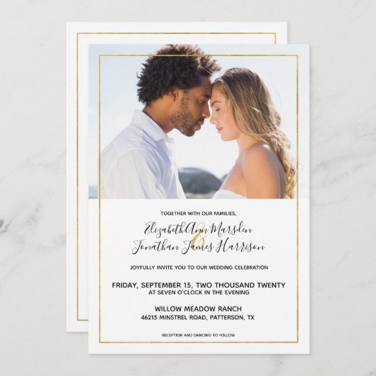 エレガント金ゴールドブラック書道結婚写真 招待状 (正面/裏面)