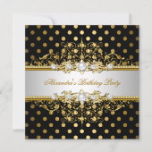 エレガント金ゴールドブラック水玉模様誕生会 招待状 (正面)