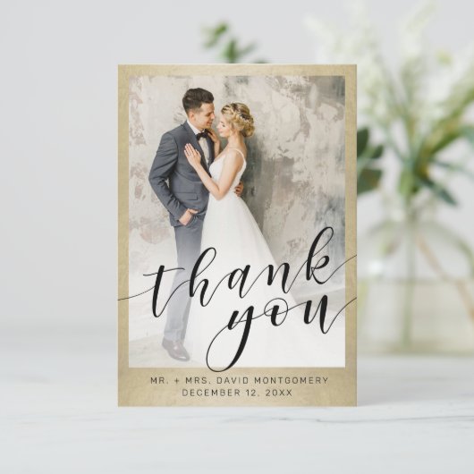 エレガント金ゴールドブラック結婚スクリプトの写真 サンキューカード (スタンド正面)