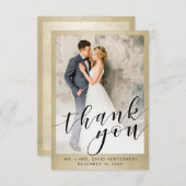 エレガント金ゴールドブラック結婚スクリプトの写真 サンキューカード (正面/裏面)