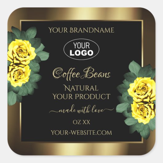 エレガント金ゴールドブラック製品ラベルイエローローズのロゴ スクエアシール (正面)