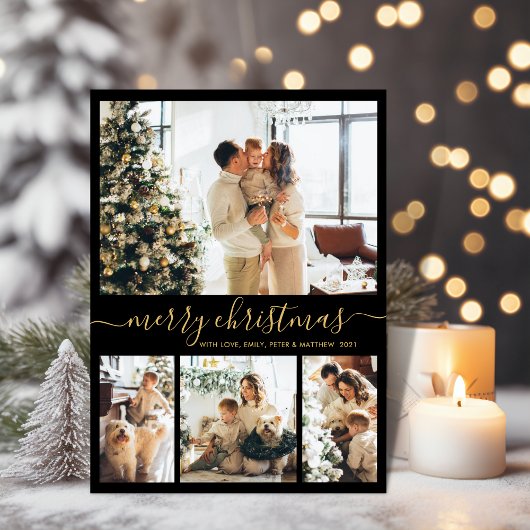 エレガント金ゴールドブラック4フォトコラージクリスマス シーズンカード
