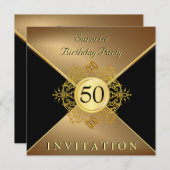 エレガント金ゴールドブラック50誕生日サプライズパーティーイン 招待状 (正面/裏面)