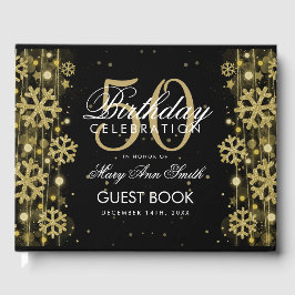 エレガント金ゴールドブラック50誕生日冬グリッター ゲストブック