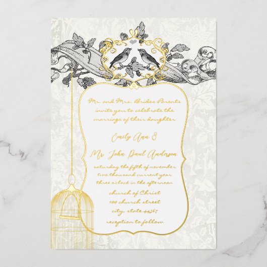 エレガント金ゴールドブラック&グレーバードケ結婚ージ 箔招待状 (正面)