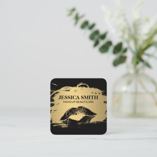 エレガント金ゴールドブラッシュラックスブラック |キス スクエア名刺 (スタンド正面)