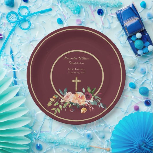 エレガント金ゴールドブルゴーニュフローラベビー《キリスト教》洗礼式や命名式 ペーパープレート (パーティー)