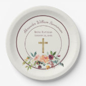 エレガント金ゴールドブルゴーニュフローラベビー《キリスト教》洗礼式や命名式 ペーパープレート (正面)