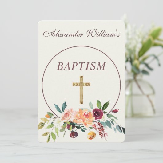 エレガント金ゴールドブルゴーニュフローラベビー《キリスト教》洗礼式や命名式 招待状 (スタンド正面)